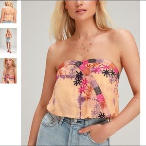 Cropped, orange, tie dyed, strapless bandeau.